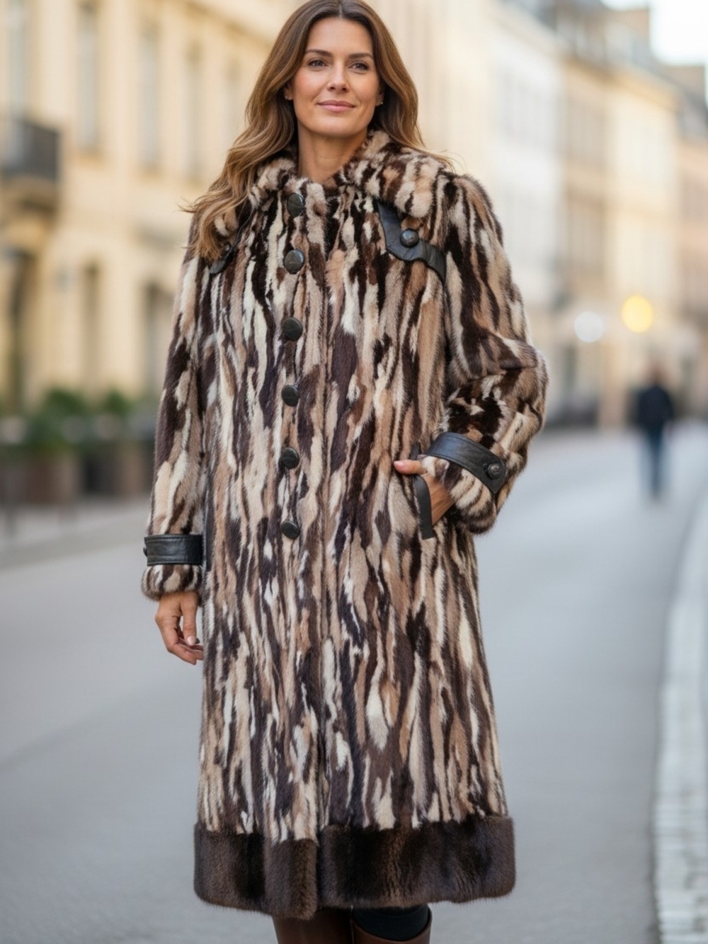 Vintage Unique Luxurious Genuine Marbled Mixed Fur Long Coat with Leather Trim